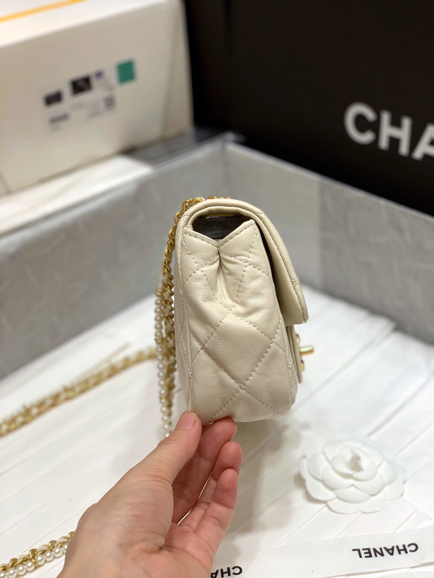 New Replica Chanel AS2210 Flap Bag Calfskin Crystal Pearls Gold-Tone Metal Beige