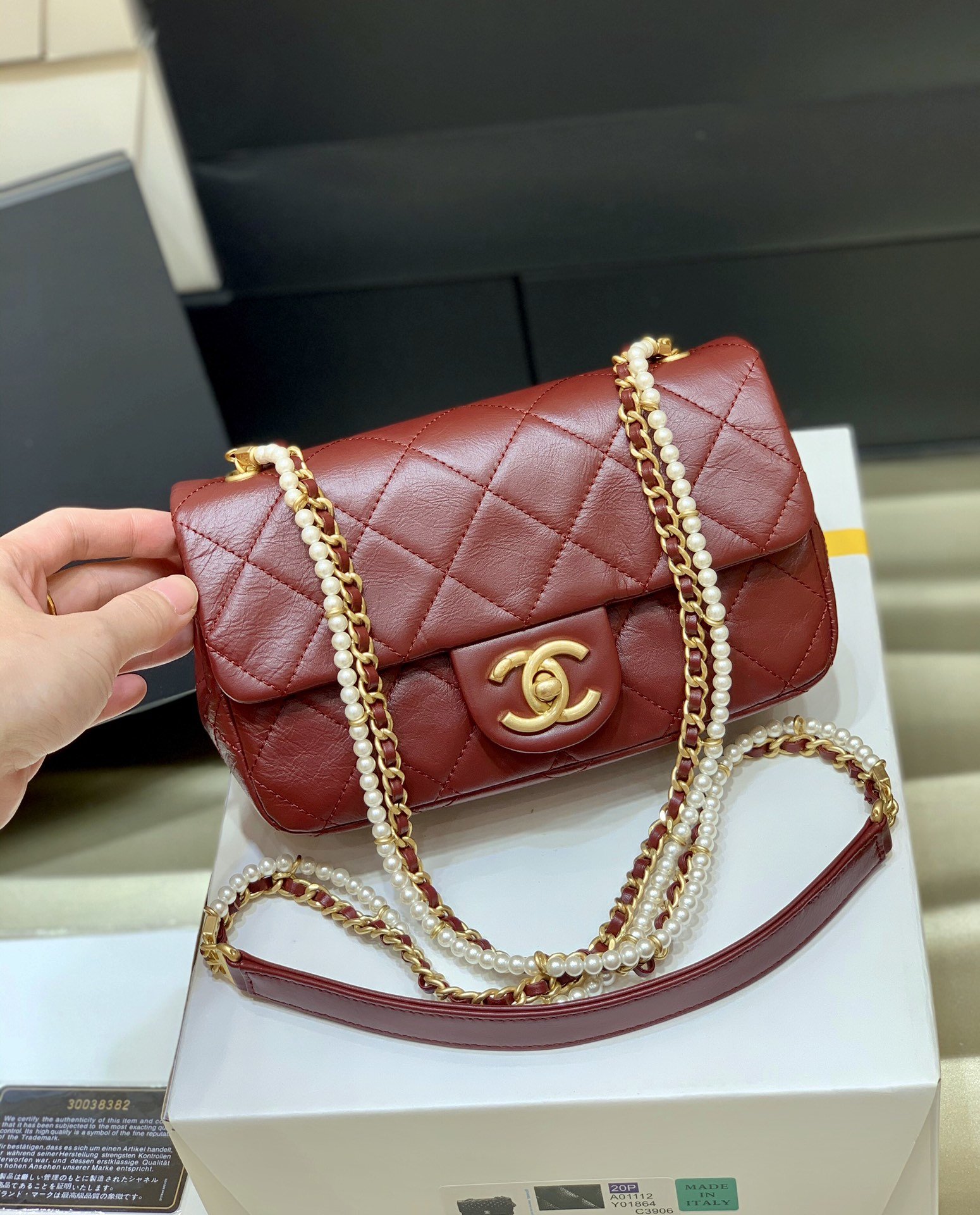 New Replica Chanel AS2210 Flap Bag Calfskin Crystal Pearls Gold-Tone Metal Red