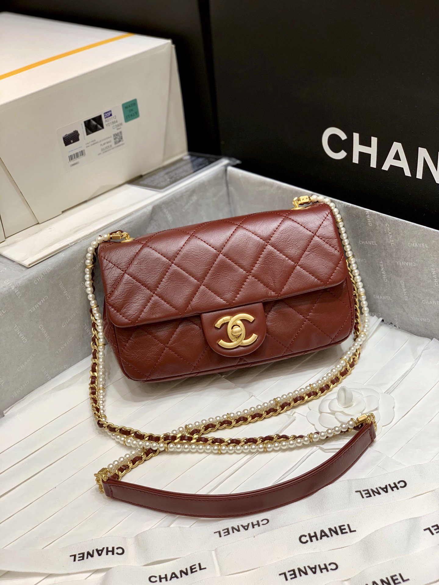 New Replica Chanel AS2210 Flap Bag Calfskin Crystal Pearls Gold-Tone Metal Red