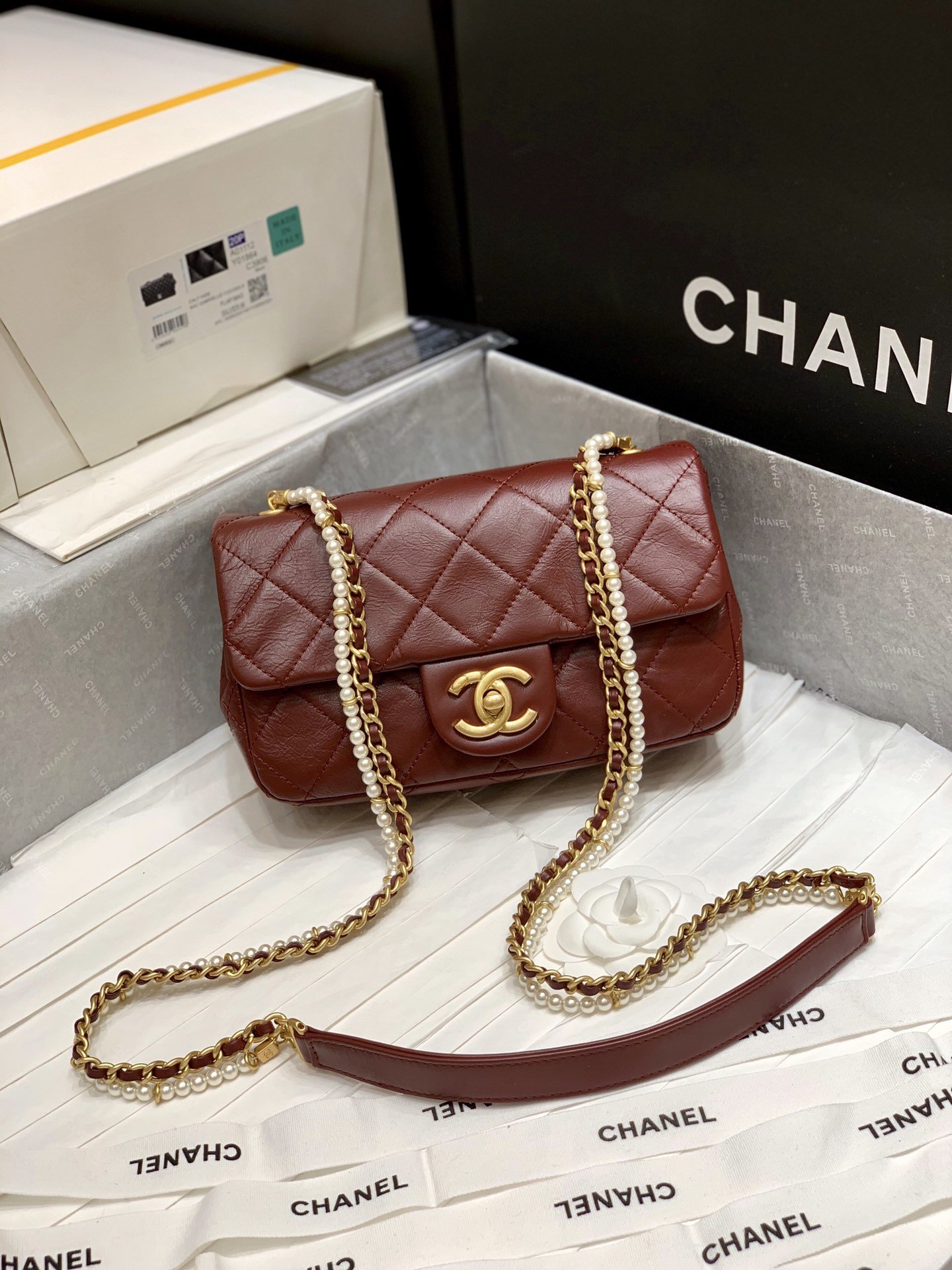 New Replica Chanel AS2210 Flap Bag Calfskin Crystal Pearls Gold-Tone Metal Red