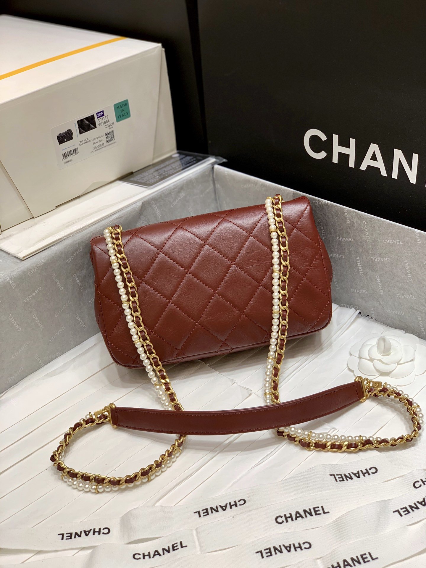 New Replica Chanel AS2210 Flap Bag Calfskin Crystal Pearls Gold-Tone Metal Red