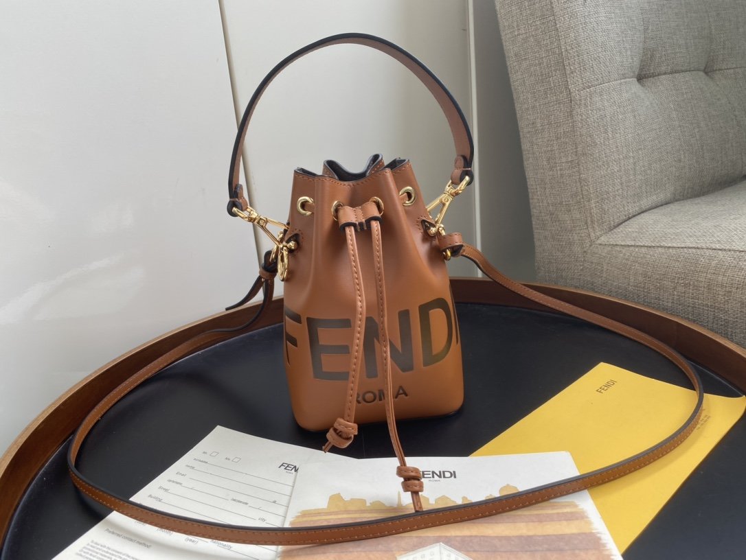 New Replica Fendi Mon Tresor Small Bucket Bag With Fendi Logo Brown