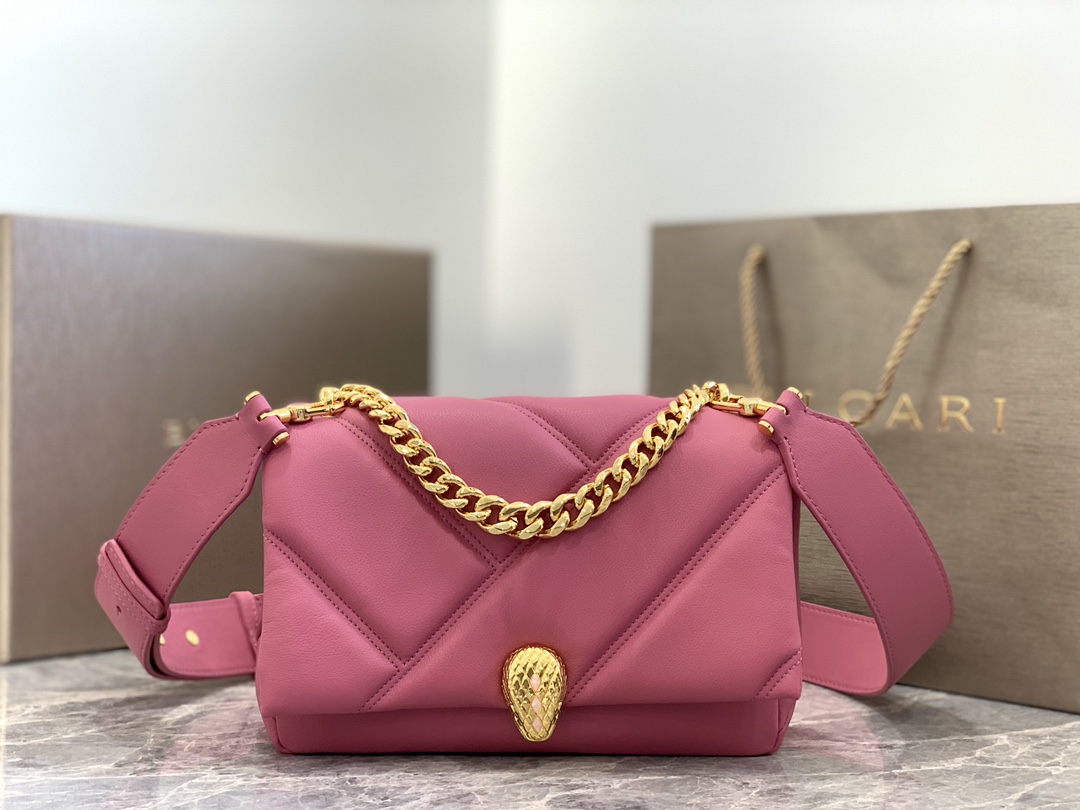 New Style Bulgari Cabochon Crossbody Bag Calf Leather Pink 22.5cm