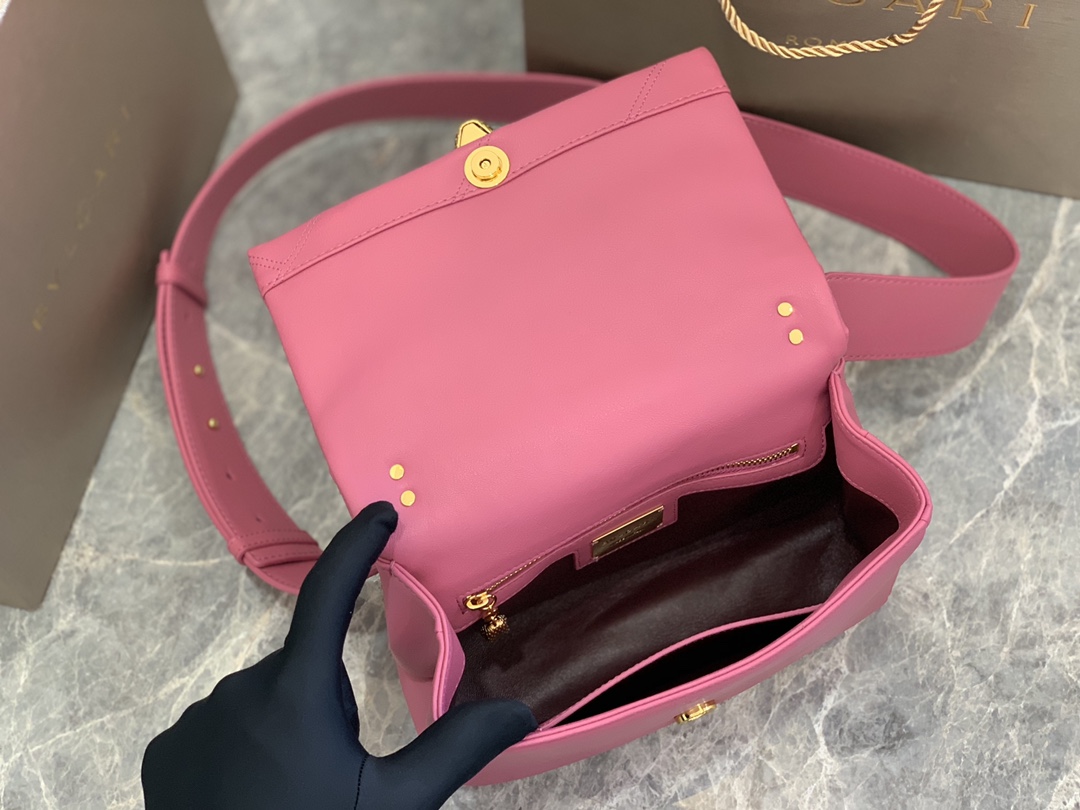 New Style Bulgari Cabochon Crossbody Bag Calf Leather Pink 22.5cm