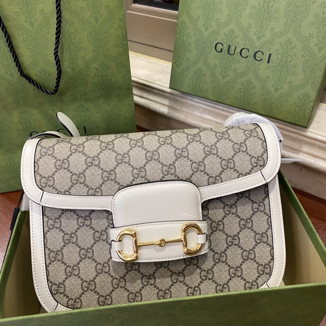 Nice Review Gucci  Horsebit 1955 Shoulder Bag White Ebony GG Supreme Canva 602204 Copy