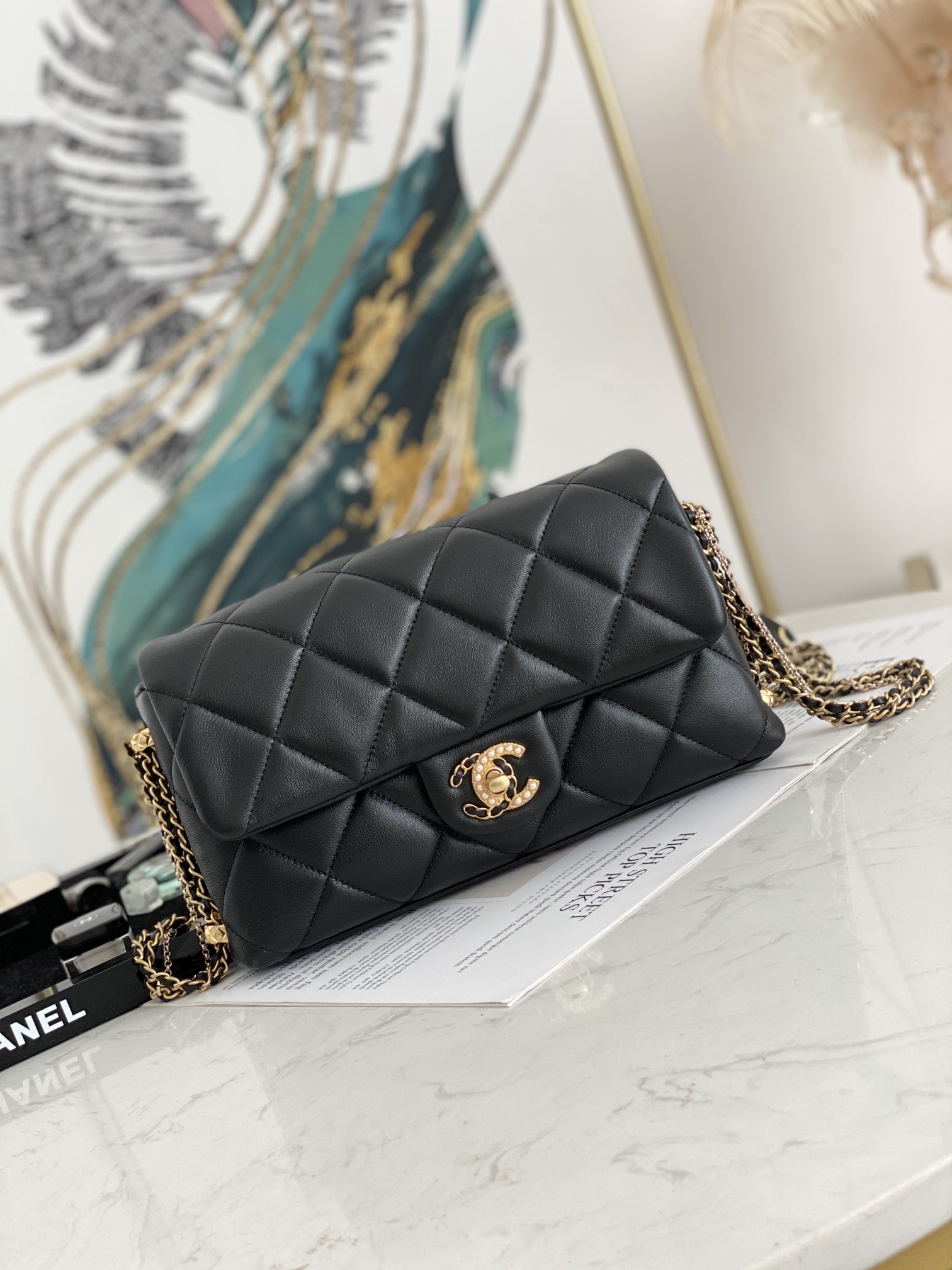 Online Shop Chanel Flap Shoulder Bag Lambskin Gold Metal Black AS2563 Perfect Copy