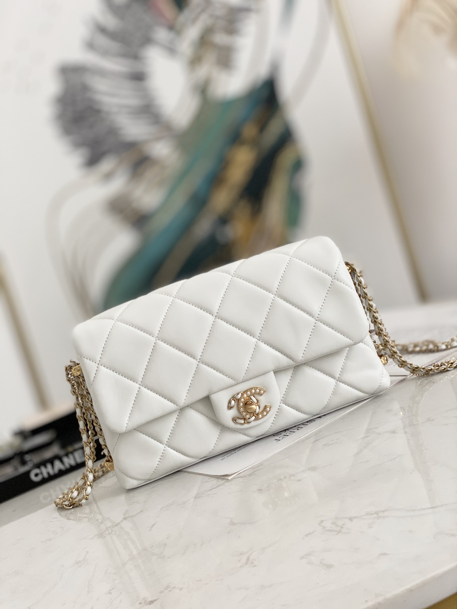 Online Shop Chanel Flap Shoulder Bag Lambskin Gold Metal White AS2563 Perfect Copy