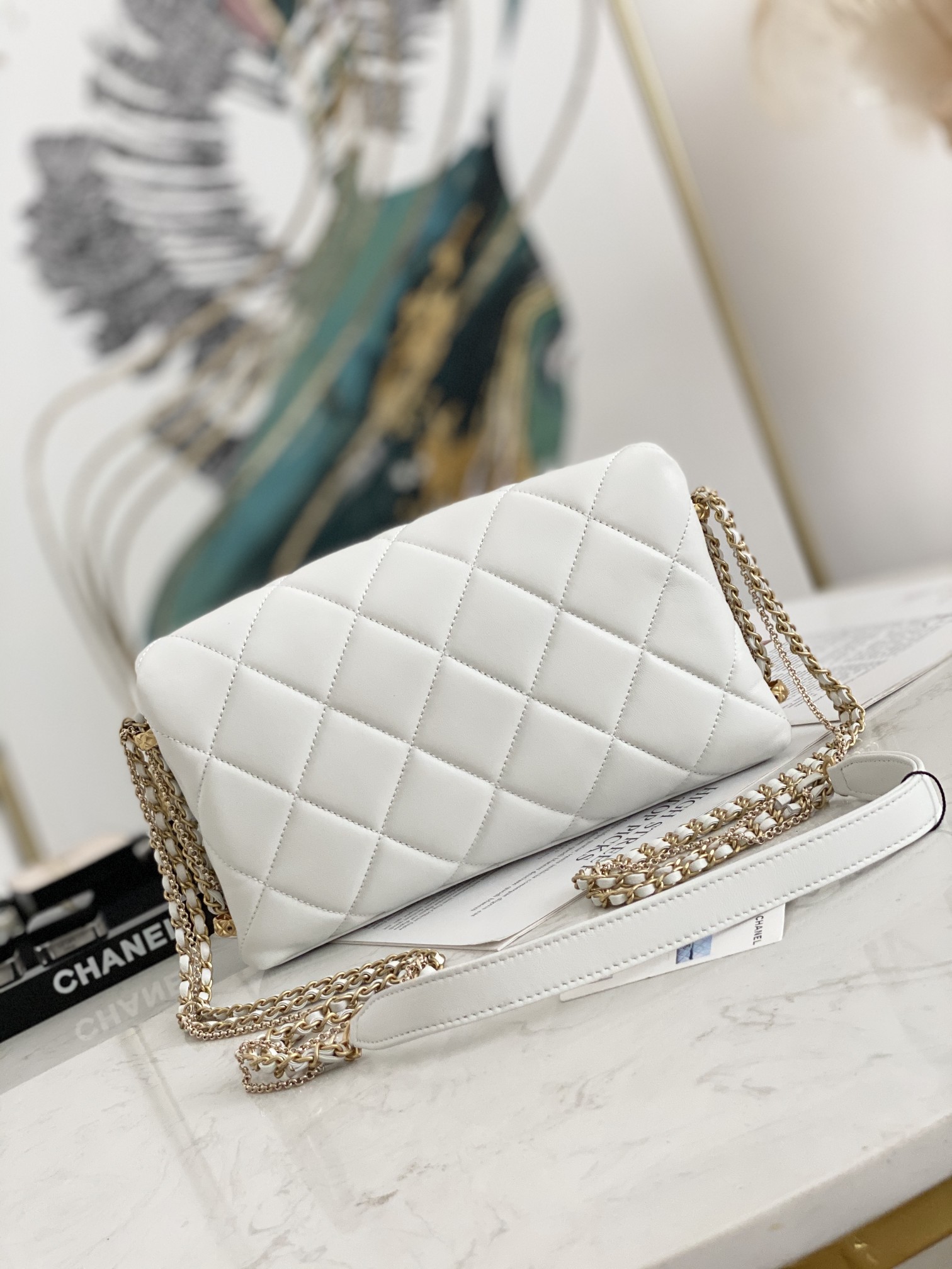 Online Shop Chanel Flap Shoulder Bag Lambskin Gold Metal White AS2563 Perfect Copy