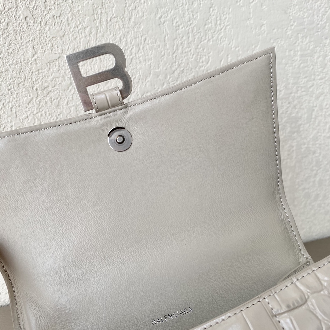 Original Copy Balenciaga 23cm Womens Hourglass Chain Bag in Back Shiny Crocodile Embossed Leather Beige