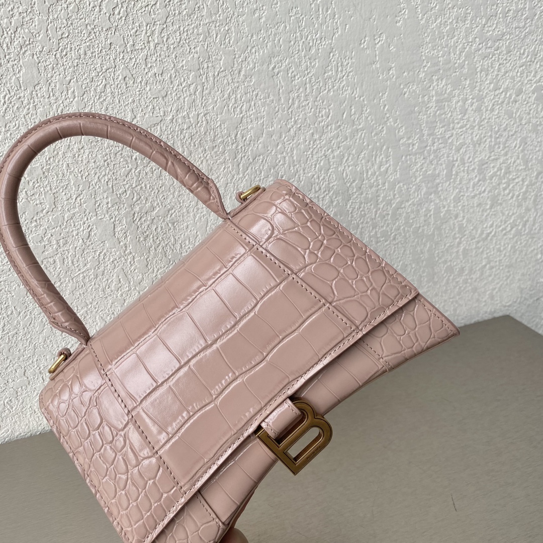 Original Copy Balenciaga 23cm Womens Hourglass Chain Bag in Back Shiny Crocodile Embossed Leather Pink