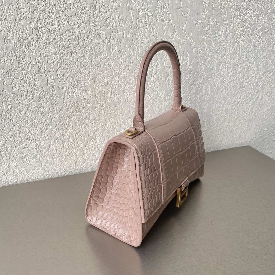 Original Copy Balenciaga 23cm Womens Hourglass Chain Bag in Back Shiny Crocodile Embossed Leather Pink