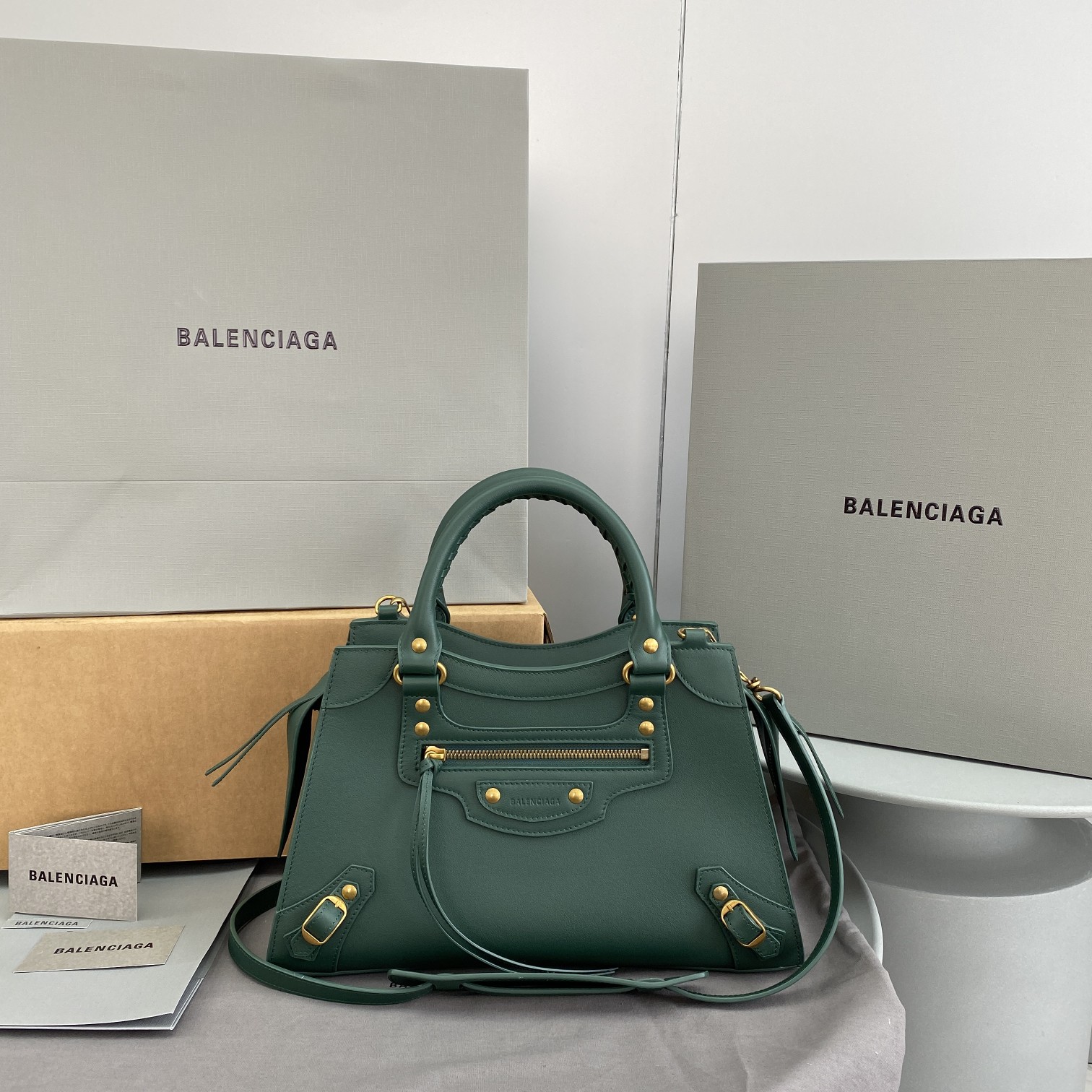 Original Copy Balenciaga Neo Classic Medium Top Handle Bag Green Smooth Calfskin