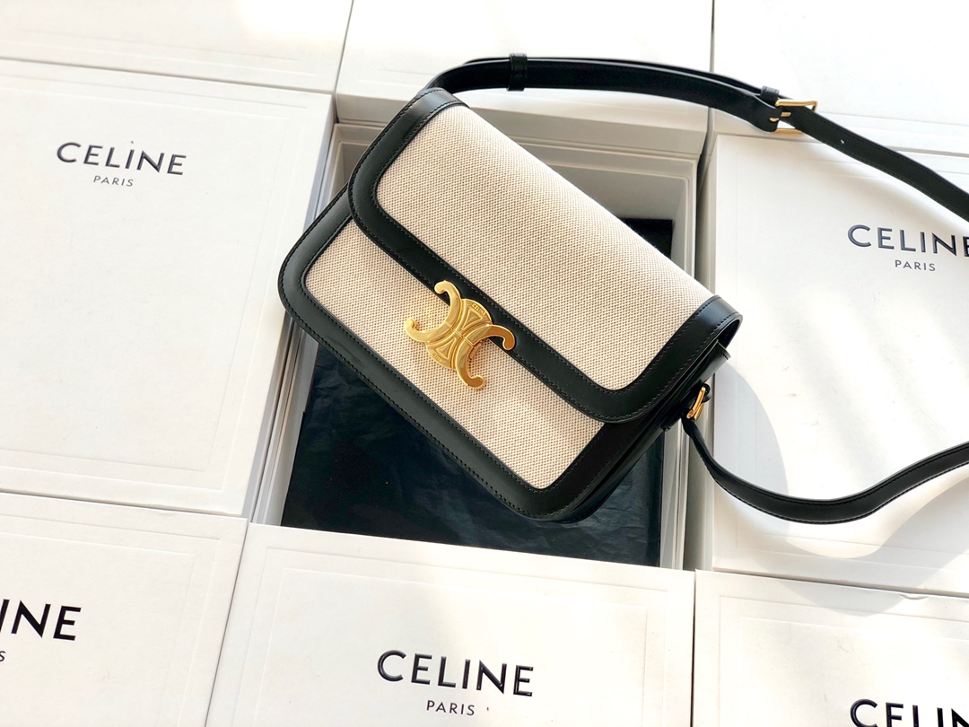 Original Copy Celine Medium Teen Triomphe Bag in Textile and Black Natural Calfskin