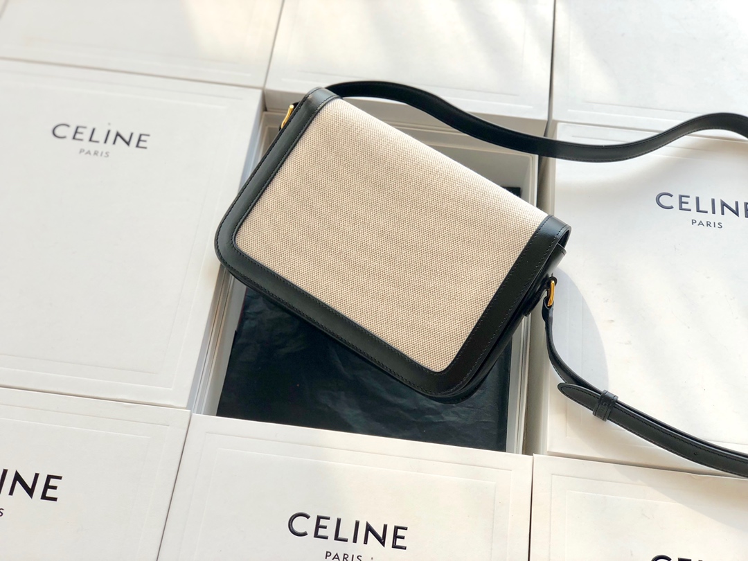 Original Copy Celine Medium Teen Triomphe Bag in Textile and Black Natural Calfskin