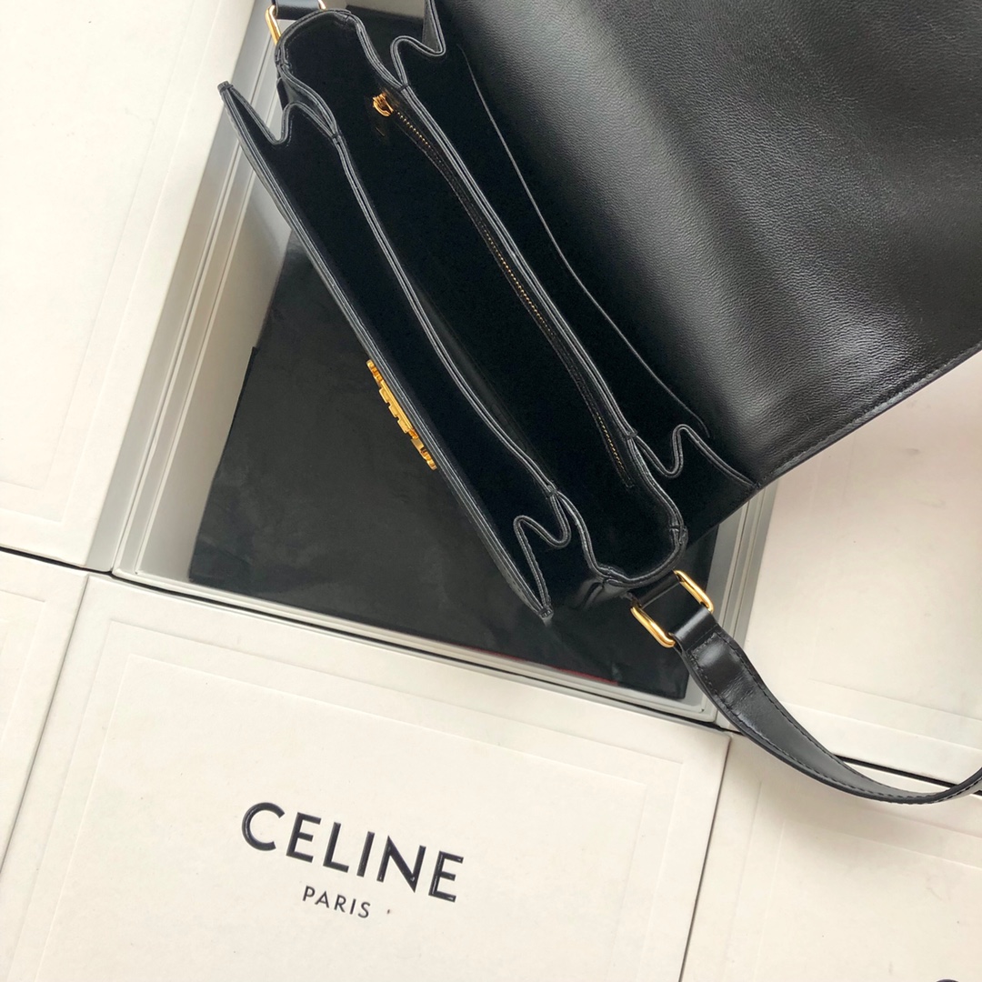 Original Copy Celine Medium Teen Triomphe Bag in Textile and Black Natural Calfskin