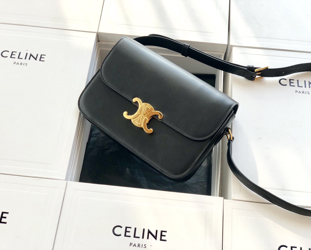 Original Copy Celine Medium Triomphe Bag in Shiny Calfskin Black