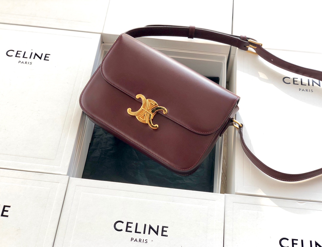 Original Copy Celine Medium Triomphe Bag in Shiny Calfskin Dark Red