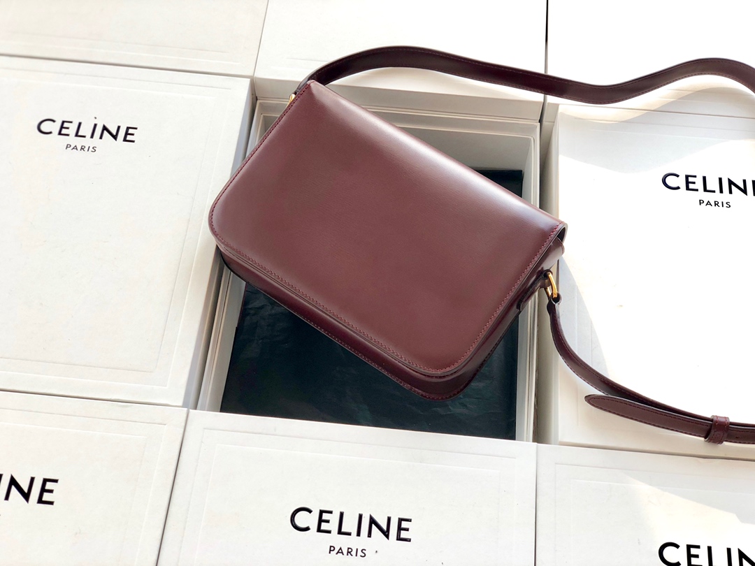 Original Copy Celine Medium Triomphe Bag in Shiny Calfskin Dark Red