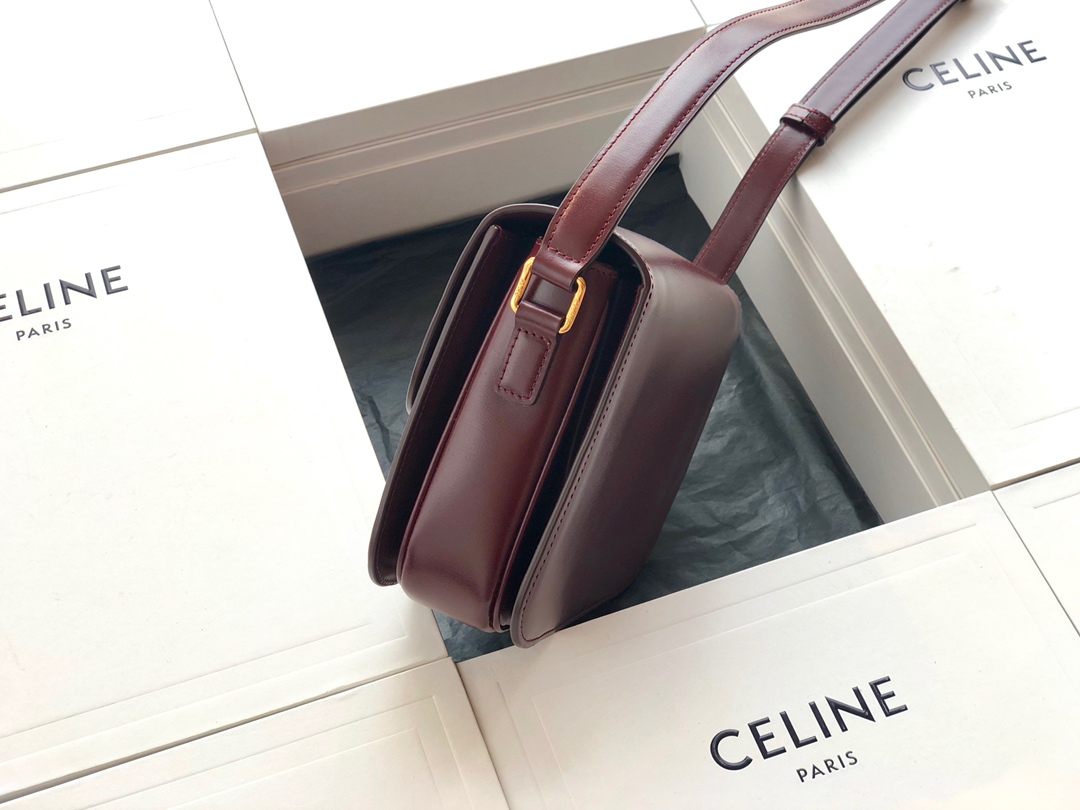 Original Copy Celine Medium Triomphe Bag in Shiny Calfskin Dark Red