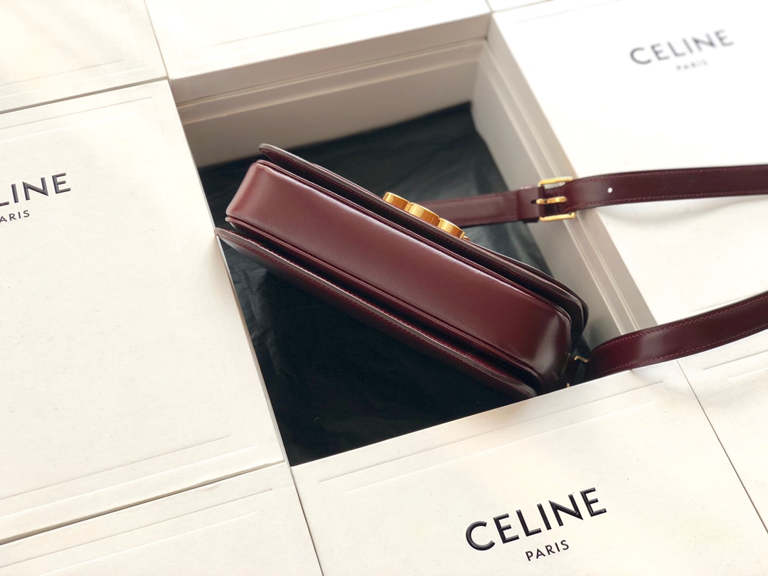 Original Copy Celine Medium Triomphe Bag in Shiny Calfskin Dark Red