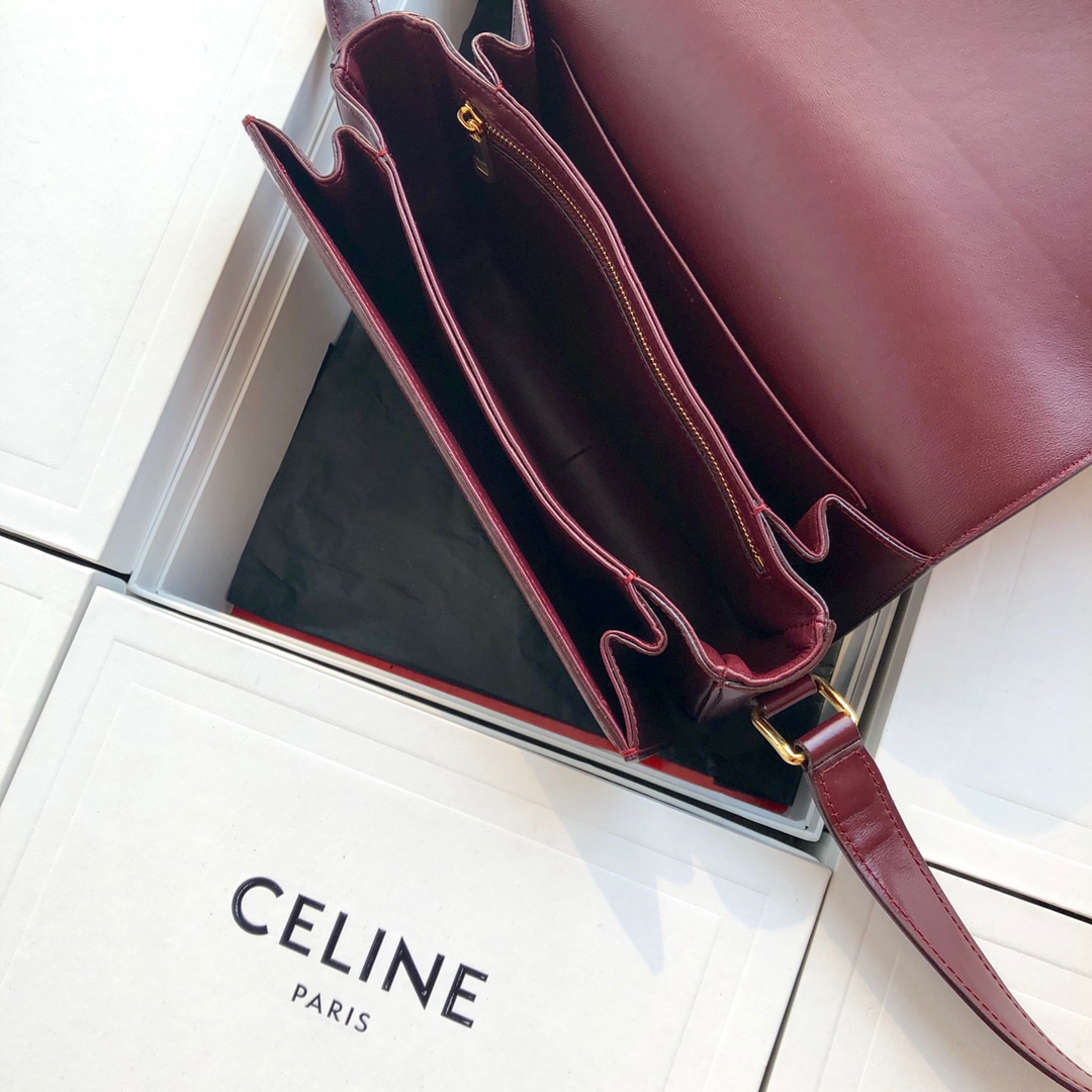 Original Copy Celine Medium Triomphe Bag in Shiny Calfskin Dark Red