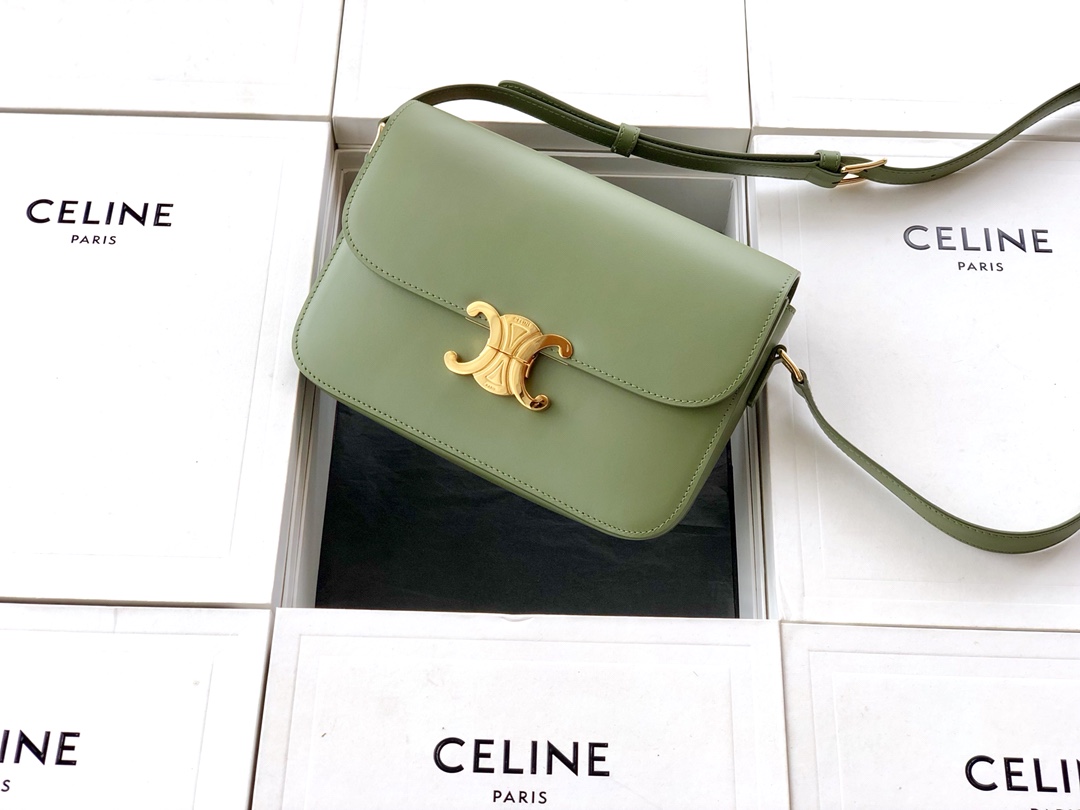 Original Copy Celine Medium Triomphe Bag in Shiny Calfskin Green