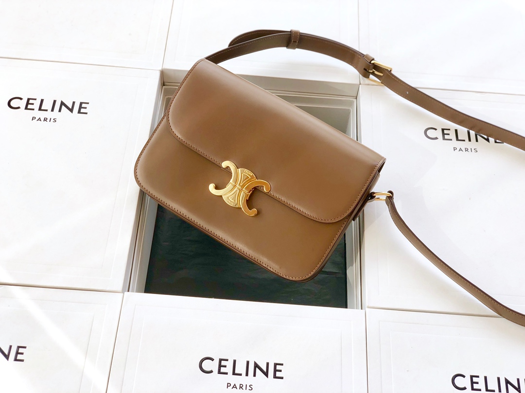 Original Copy Celine Medium Triomphe Bag in Shiny Calfskin Khaki