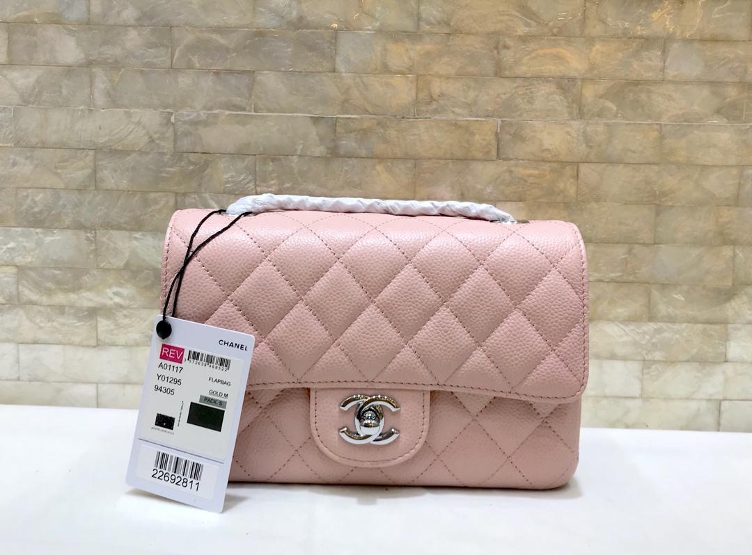 Original Copy Chanel 1112 1115 1117 Classics CF Flap Bag Caviar Quilted Genuine Leather Pink Silver Hardware