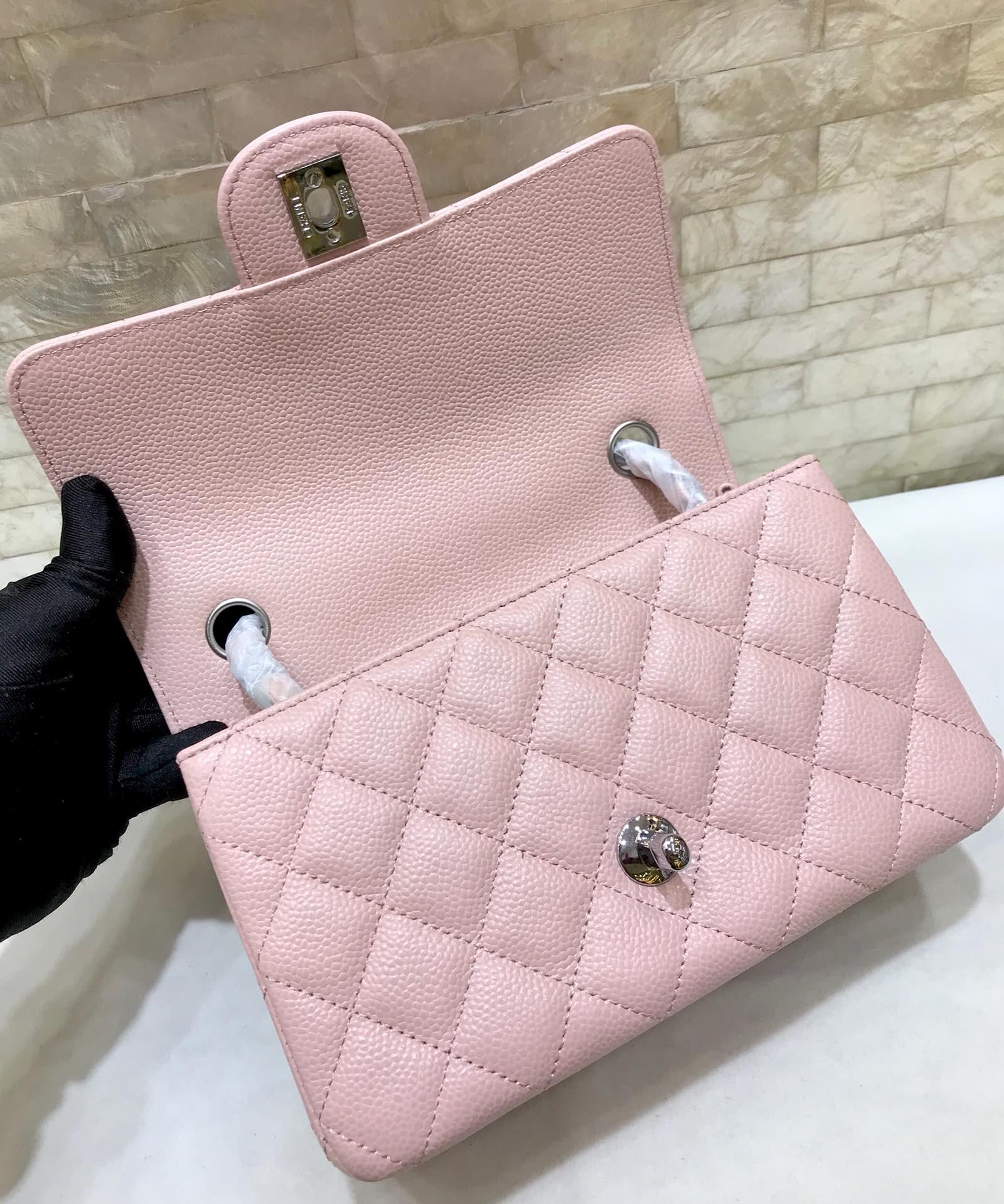 Original Copy Chanel 1112 1115 1117 Classics CF Flap Bag Caviar Quilted Genuine Leather Pink Silver Hardware