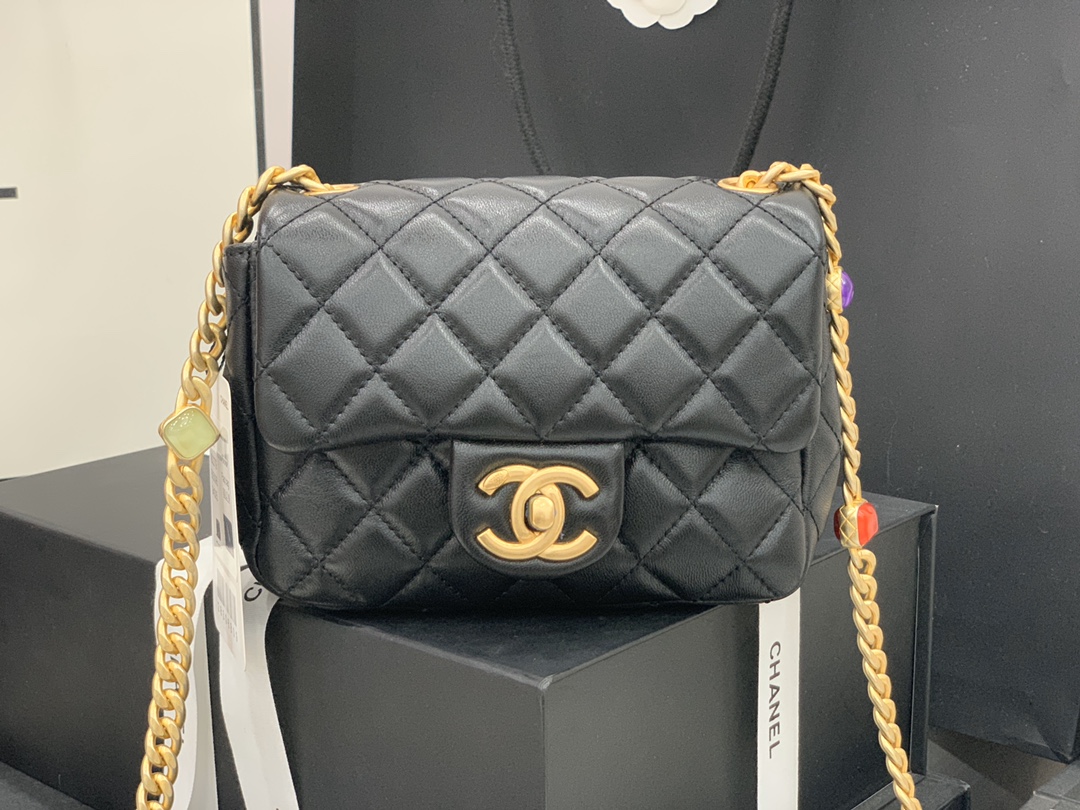 Original Copy Chanel AS2379 2021 Flap Bag Lambskin Resin Gold-Tone Metal Black