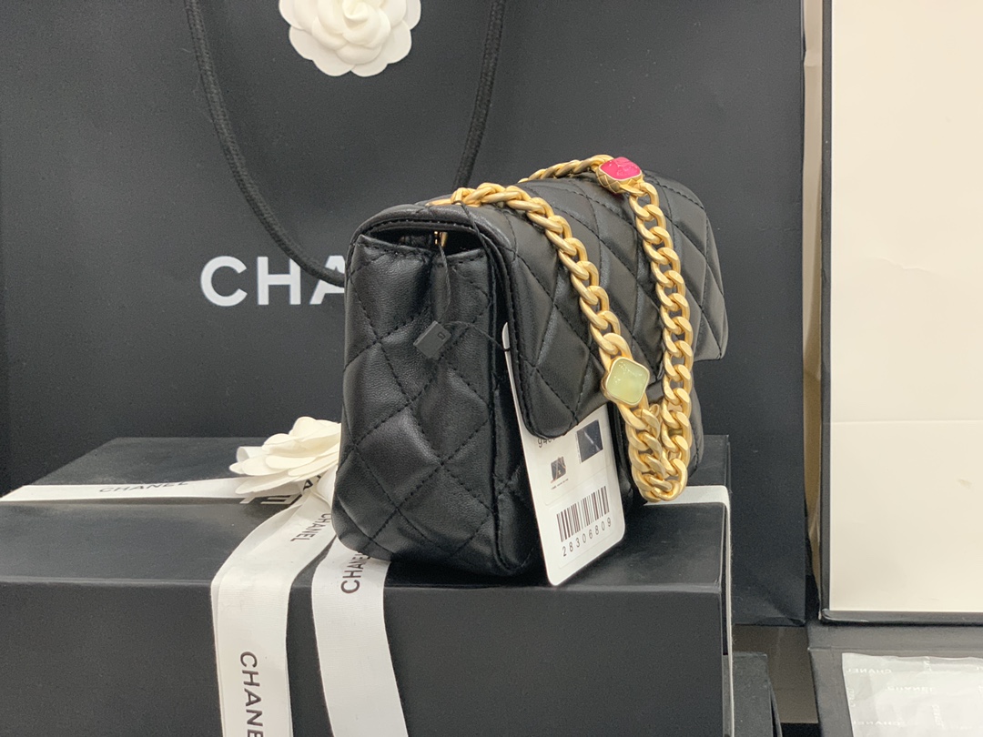 Original Copy Chanel AS2379 2021 Flap Bag Lambskin Resin Gold-Tone Metal Black