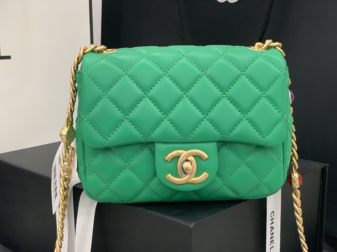 Original Copy Chanel AS2379 2021 Flap Bag Lambskin Resin Gold-Tone Metal Green