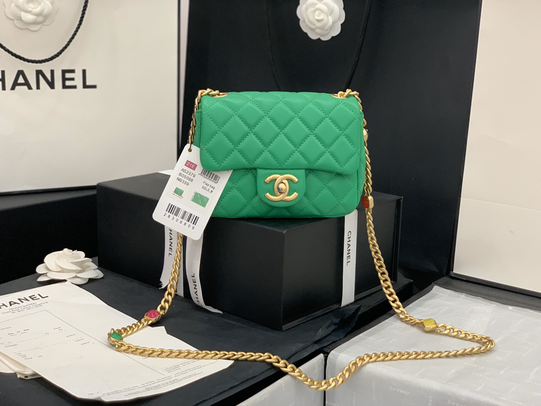 Original Copy Chanel AS2379 2021 Flap Bag Lambskin Resin Gold-Tone Metal Green