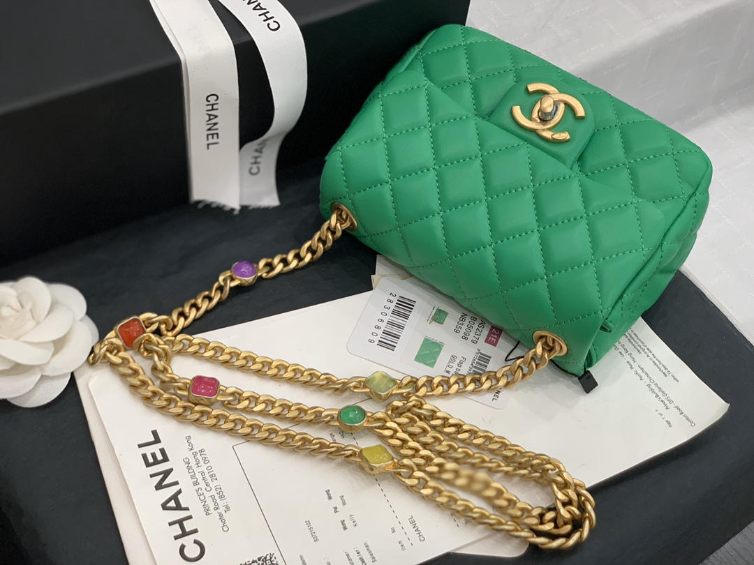 Original Copy Chanel AS2379 2021 Flap Bag Lambskin Resin Gold-Tone Metal Green