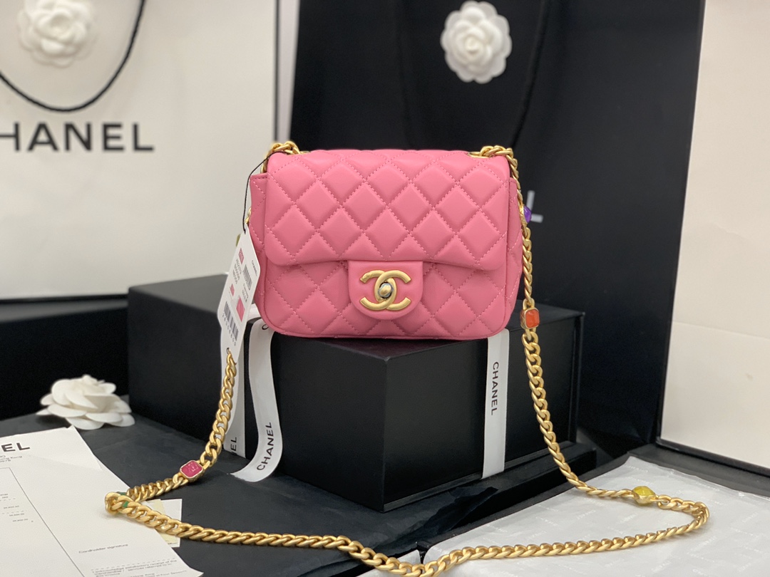 Original Copy Chanel AS2379 2021 Flap Bag Lambskin Resin Gold-Tone Metal Rose