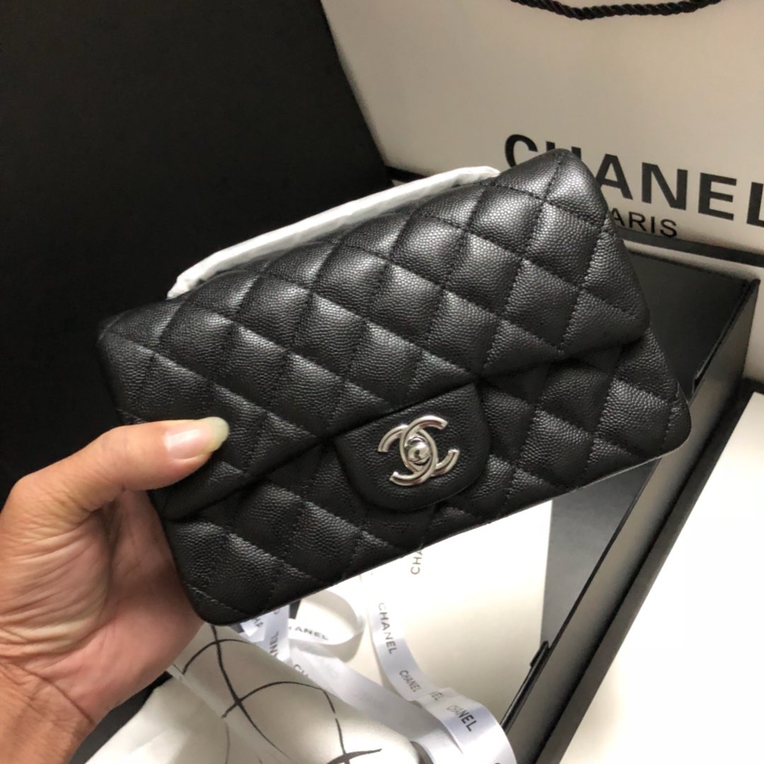 Original Copy Chanel Classic Flap Bag 20cm Grained Calfskin Sliver-Tone Metal Black