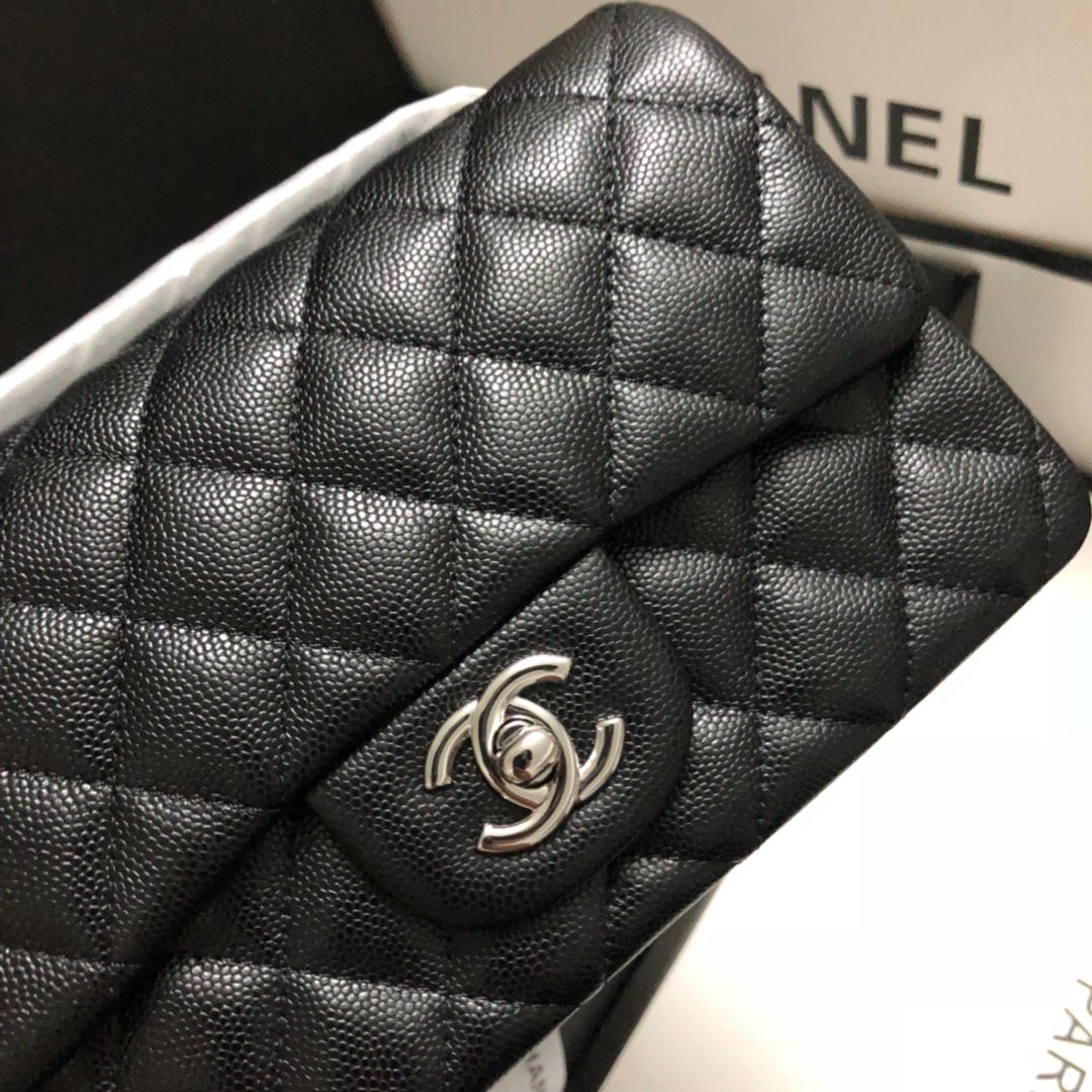 Original Copy Chanel Classic Flap Bag 20cm Grained Calfskin Sliver-Tone Metal Black