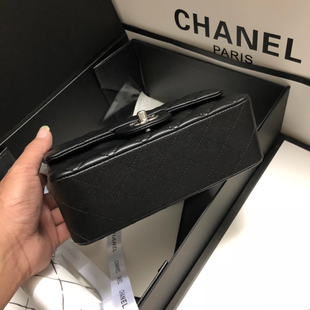 Original Copy Chanel Classic Flap Bag 20cm Grained Calfskin Sliver-Tone Metal Black