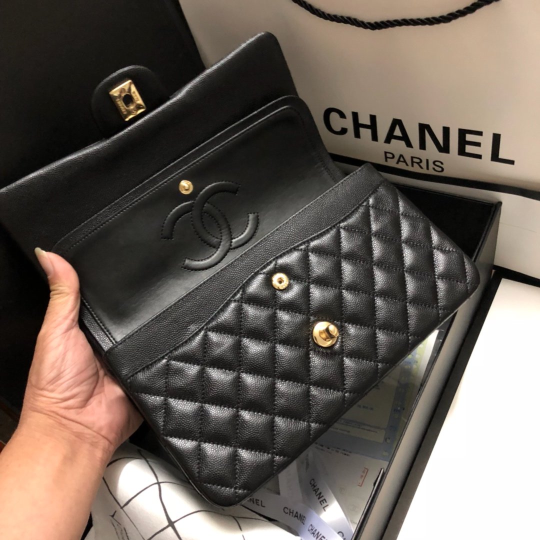 Original Copy Chanel Classic Flap Bag 25cm Grained Calfskin Gold-Tone Metal Black