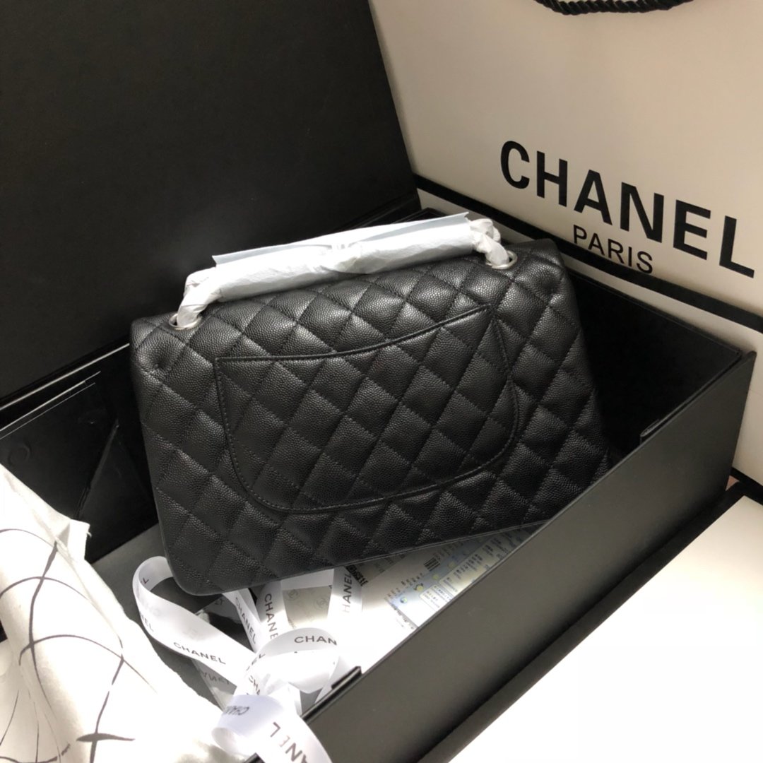 Original Copy Chanel Classic Flap Bag 25cm Grained Calfskin Sliver-Tone Metal Black