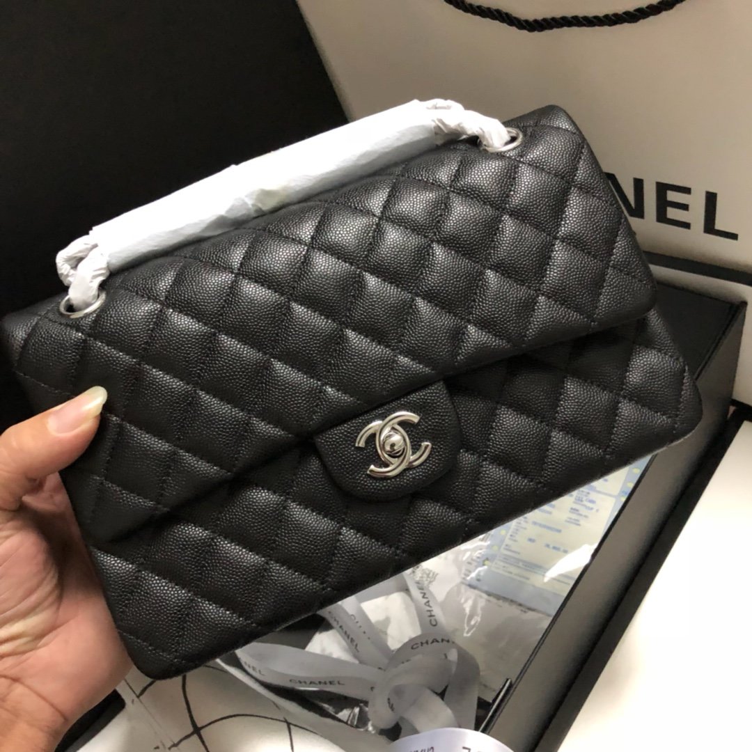 Original Copy Chanel Classic Flap Bag 25cm Grained Calfskin Sliver-Tone Metal Black