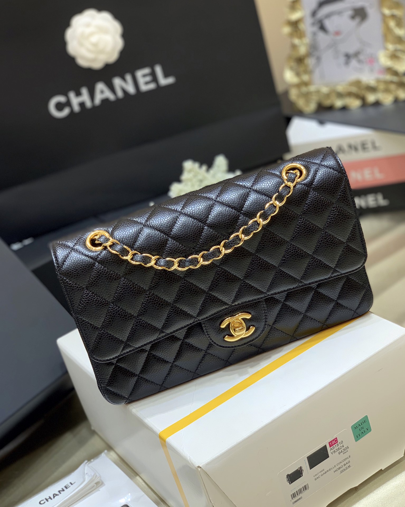 Original Copy Chanel Classic Flap Bag Grained Calfskin Gold-Tone Metal Black