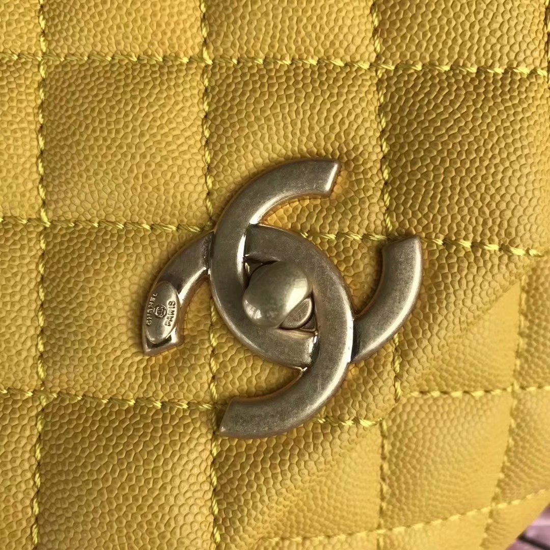 Original Copy Coco Chanel Flap Bag with Top Handle Yellow Calfskin Gold-Tone Metal