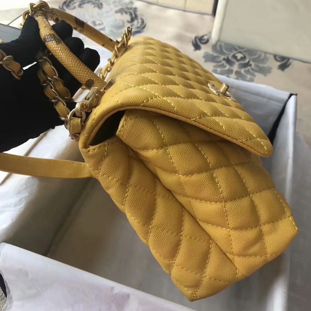 Original Copy Coco Chanel Flap Bag with Top Handle Yellow Calfskin Gold-Tone Metal