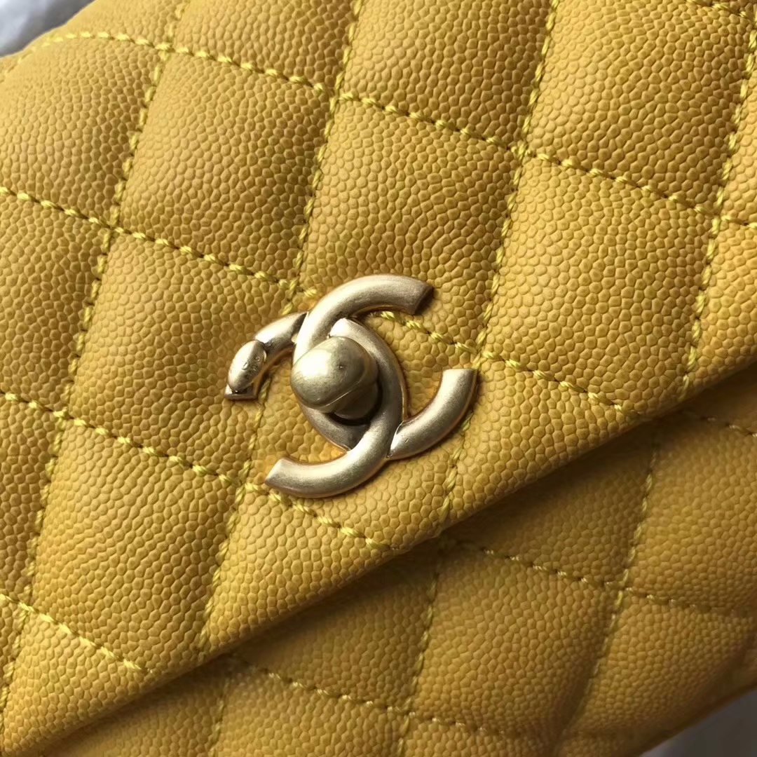 Original Copy Coco Chanel Flap Bag with Top Handle Yellow Calfskin Silver Tone Metal