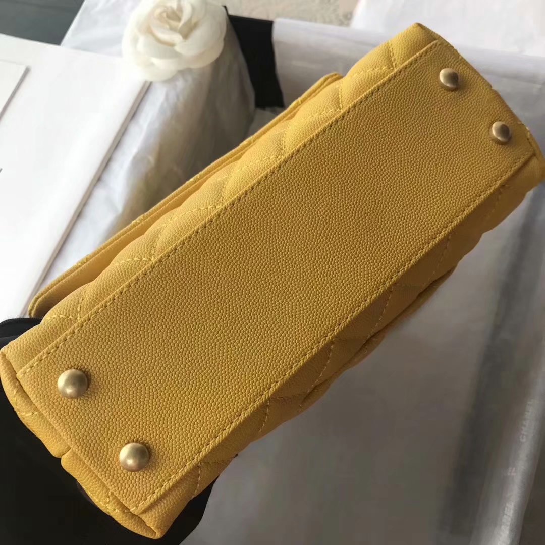Original Copy Coco Chanel Flap Bag with Top Handle Yellow Calfskin Silver Tone Metal