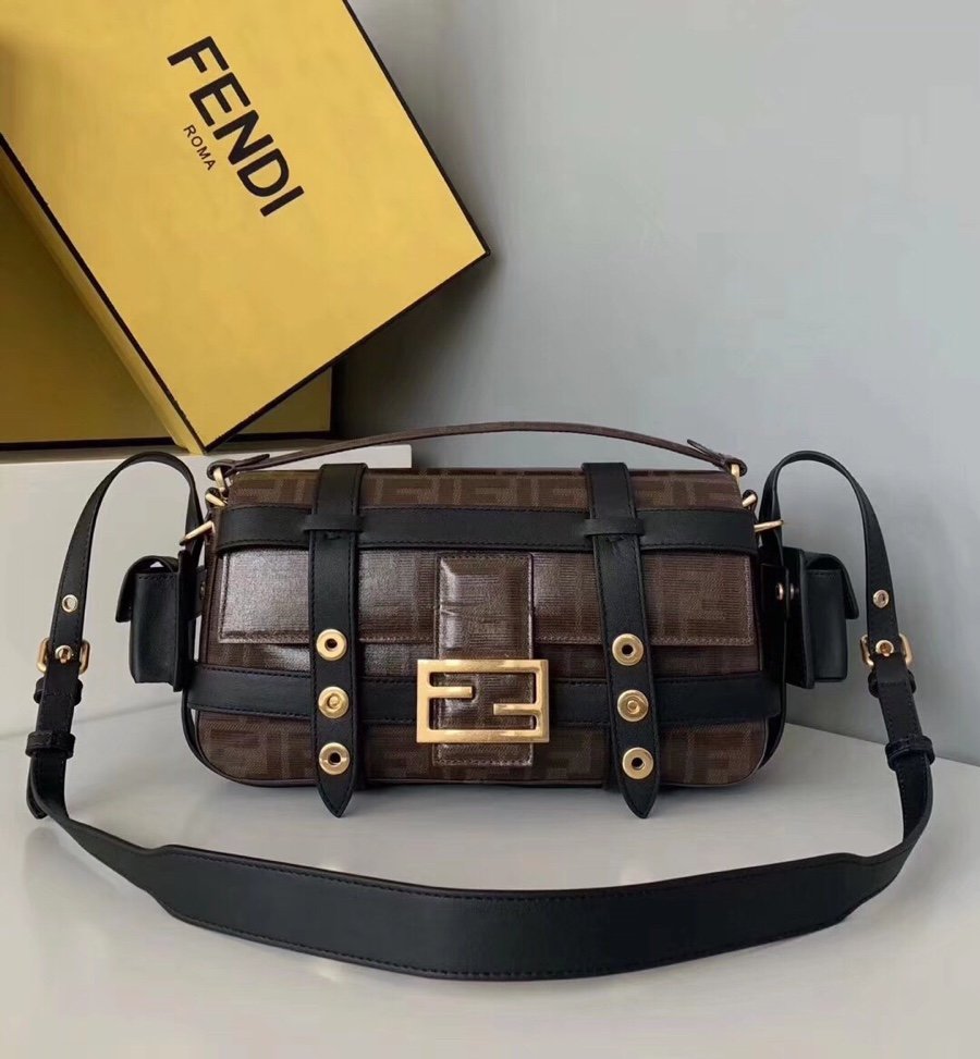 Original Copy Fendi Iconic Baguette Bag with Flap and FF Fastening with Magnetic Clasp Coffee