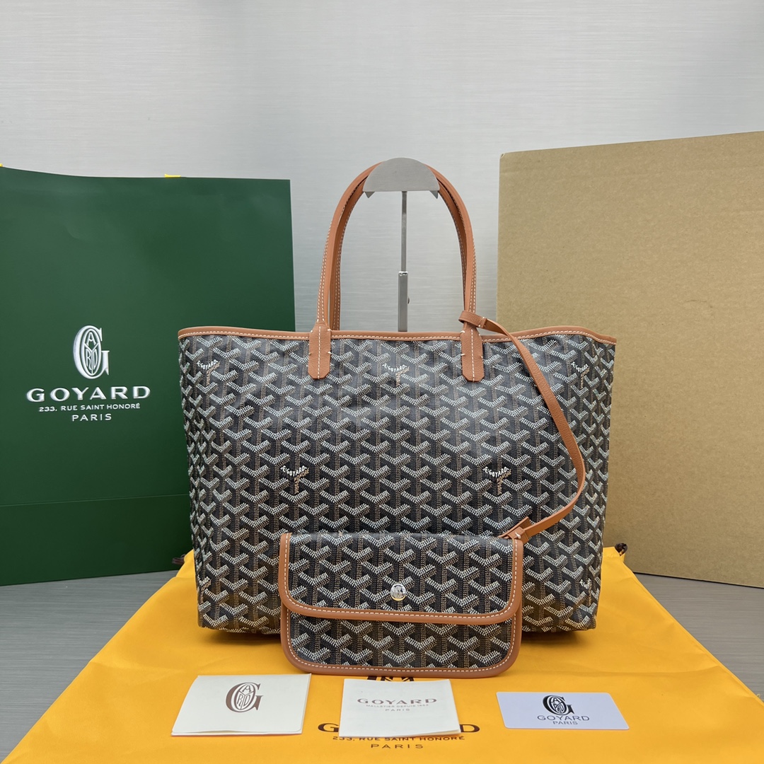 Original Copy Goyard Large Saint Louis Bag Goyardine Canvas Chevroches Calfskin Brown