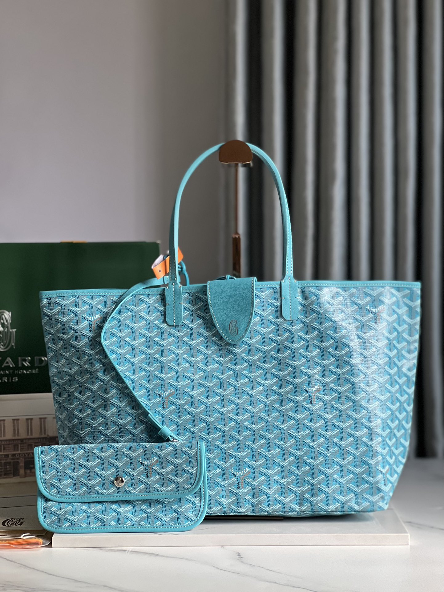 Original Copy Goyard Saint Louis PM Bag Goyardine Canvas and Chevroches Turquoise Blue