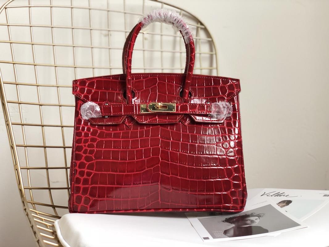 Original Copy Hermes Birkin 30cm 35cm Crocodile Head Stripe Handbags Red With Gold